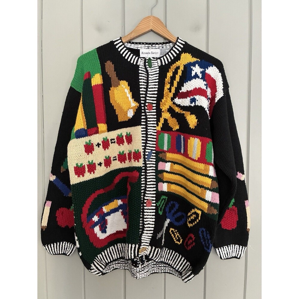 Vtg Alexandra Bartlett Teacher Cardigan Sweater S Small Picture Knit Novelty